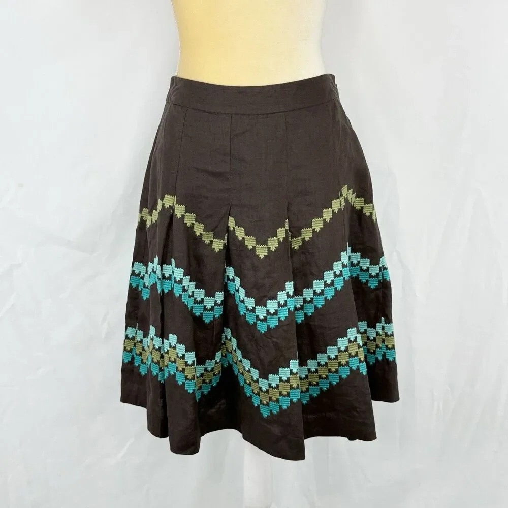 Ann Taylor LOFT Women Brown Linen Pleat Skirt Embroidered Pattern Size 2P Linen
